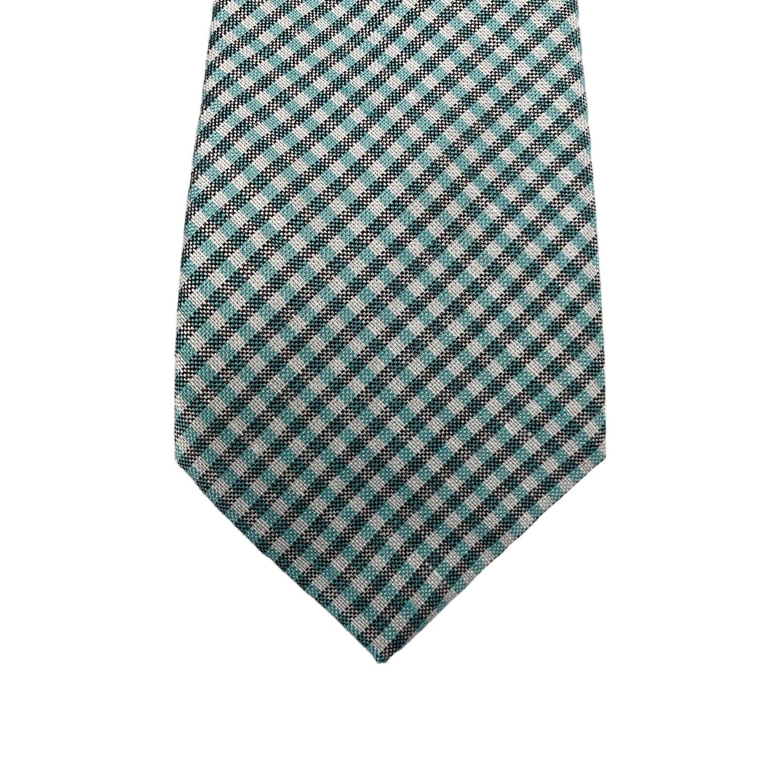 Tommy Hilfiger Mens Seasonal Gingham Linen Blend Classic Neck Tie Teal 3 1/8″