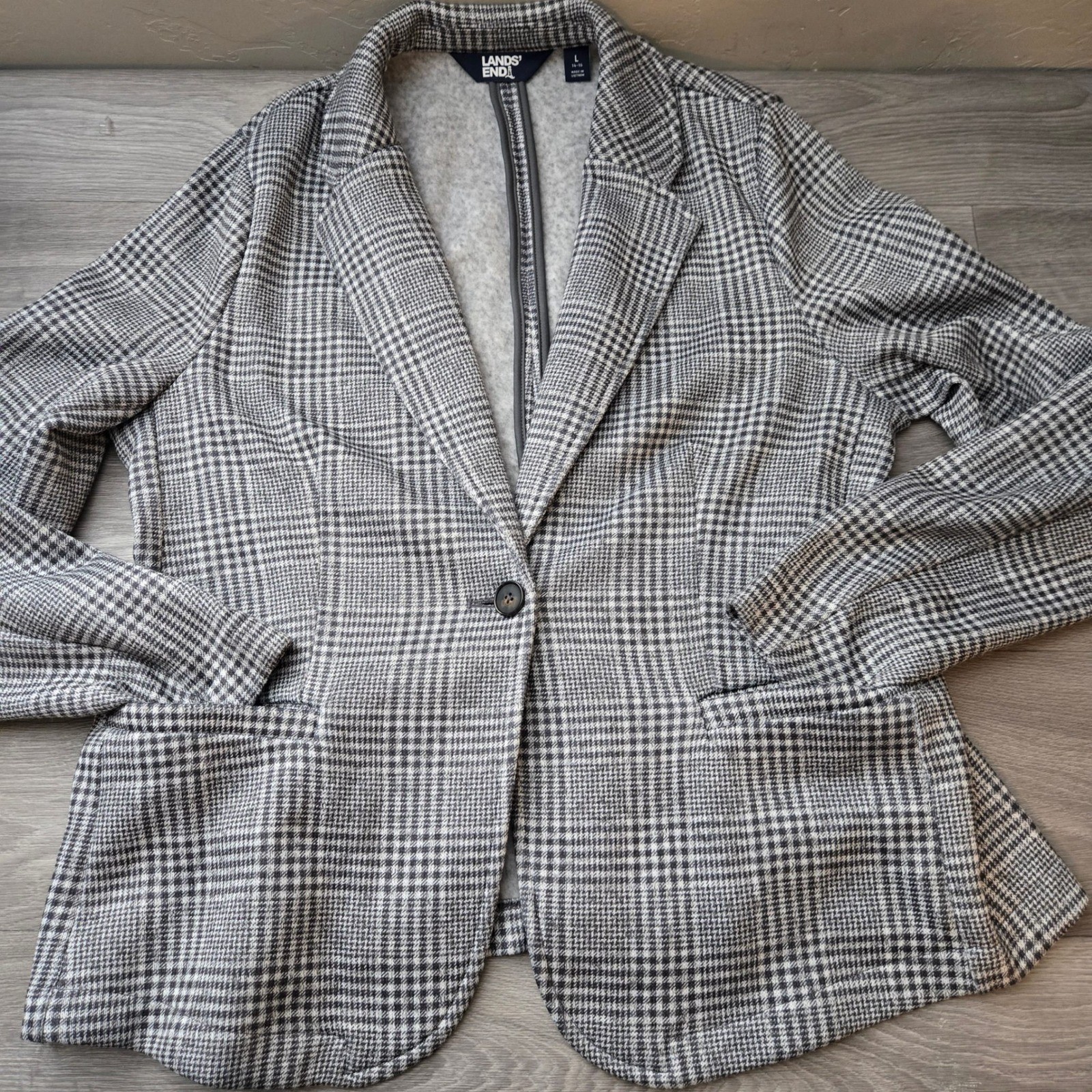 Lands’ End Black White Knit Blazer Size L Glen Plaid Single Button Fleece Lined