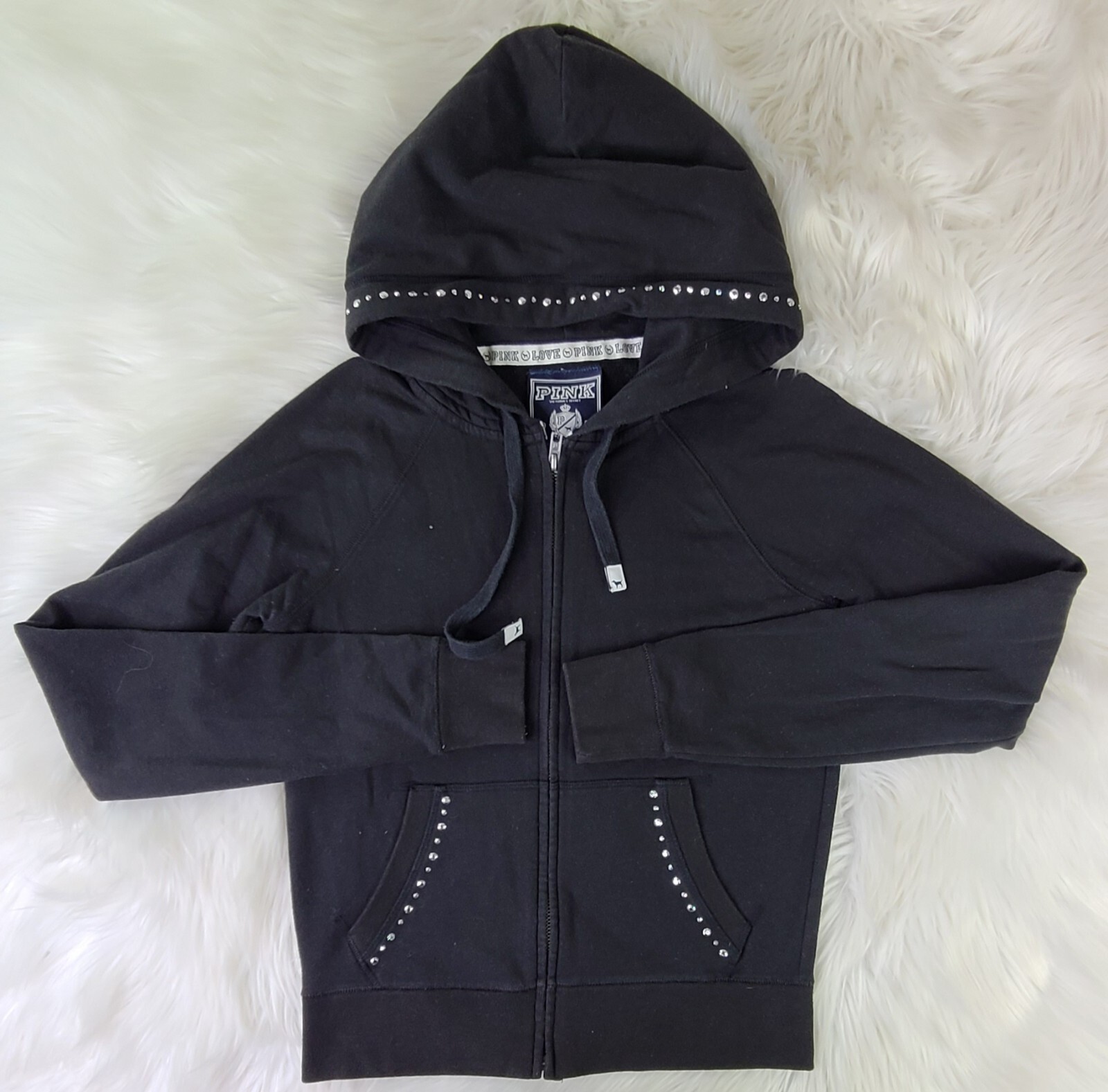 Vintage Victoria’s Secret Love Pink hoodie black large Peace sign Rhinestones(XS