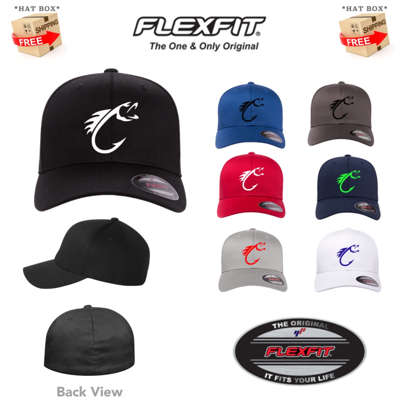 FISHING HOOK FISH CURVED BILL 6277 FLEXFIT HAT *FREE SHIPPING in BOX*