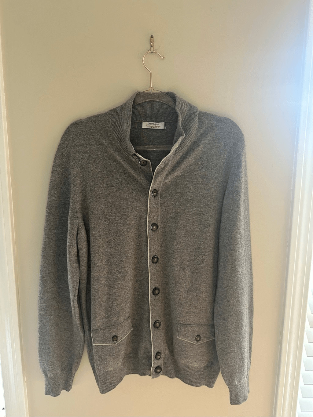 Gran Sasso Men’s Wool Cashmere Cardigan Gray Size 52 (Large) Elbow Patches