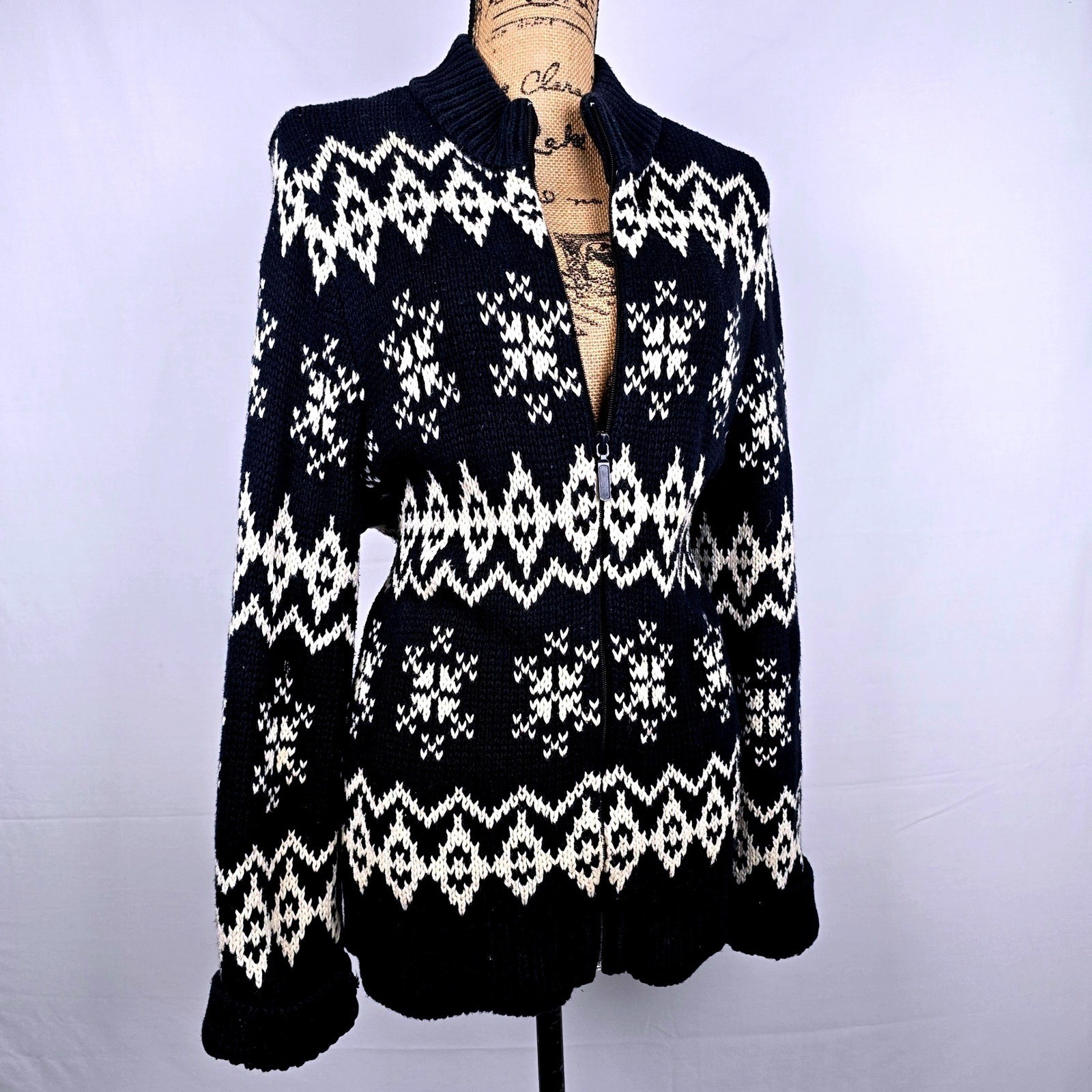 New York & Company Fair Isle Zip Sweater XL Black off White Nordic Snowflake
