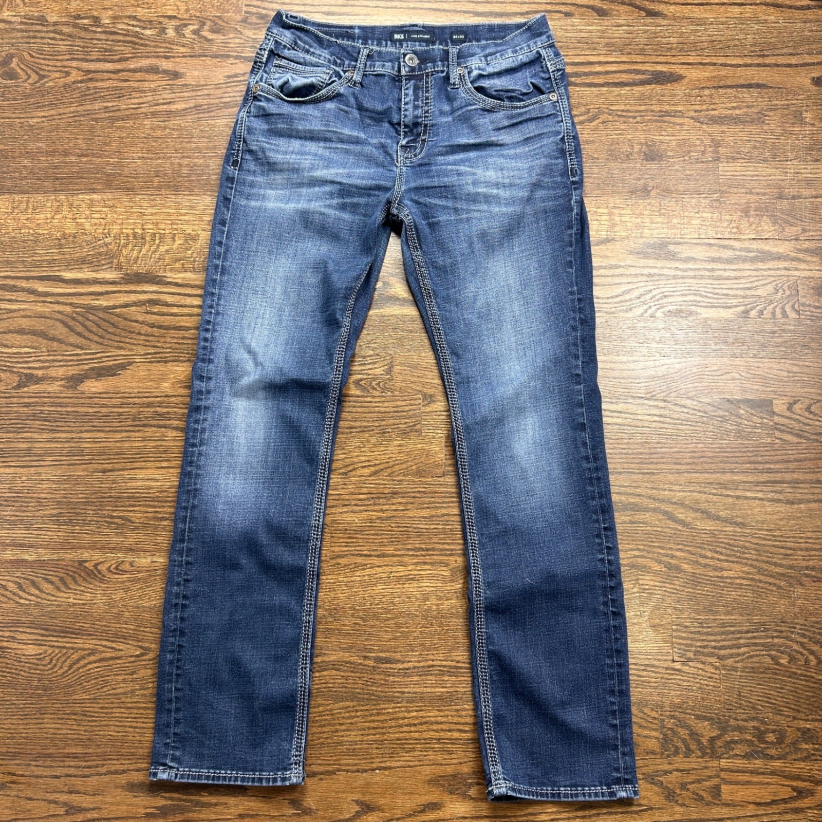 BKE Jake Straight Mens Jeans 34×32 Med Wash Blue Denim Contrast Stitch Western