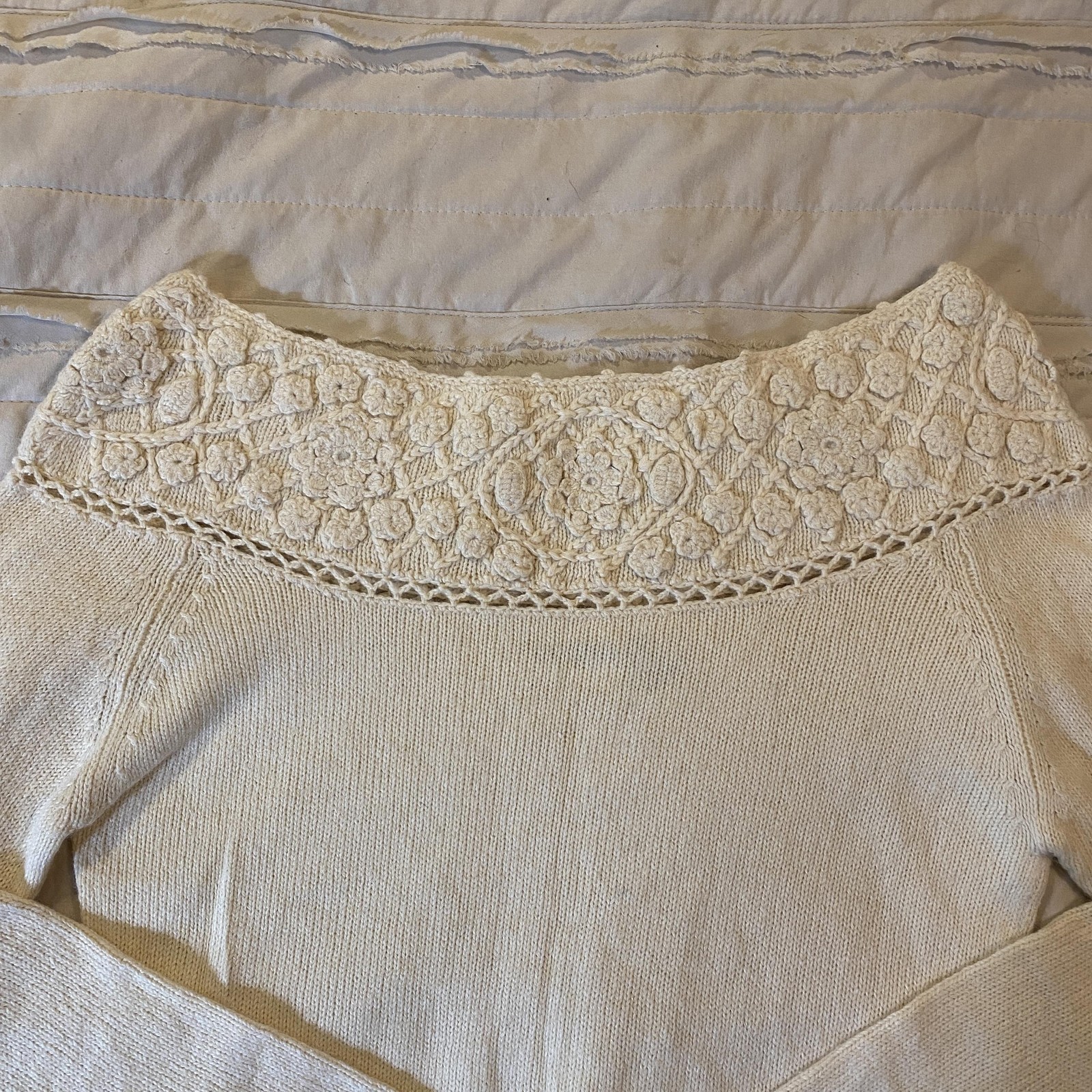 Vtg Styleworks Sweater Womens Small Cream Crochet Floral Crop Angora Ramie 90s