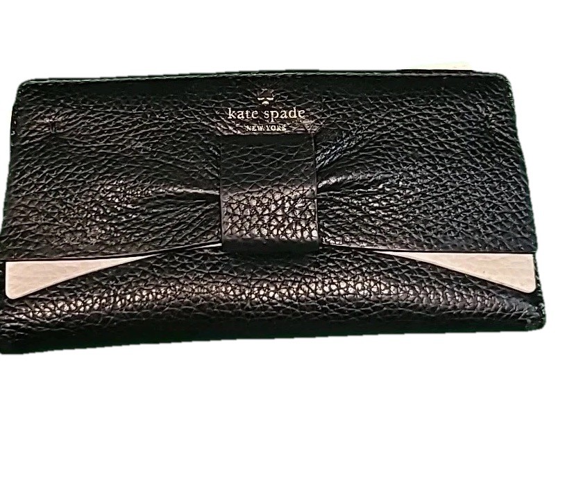 Kate Spade Pebble Leather Wallet Credit Cards White Black Lining Bill Fold