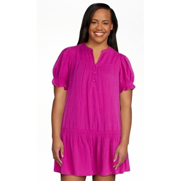 Women’s Cotton Double Cloth Mini Dress with Drop Waist, Size XXL (20) Hot pink