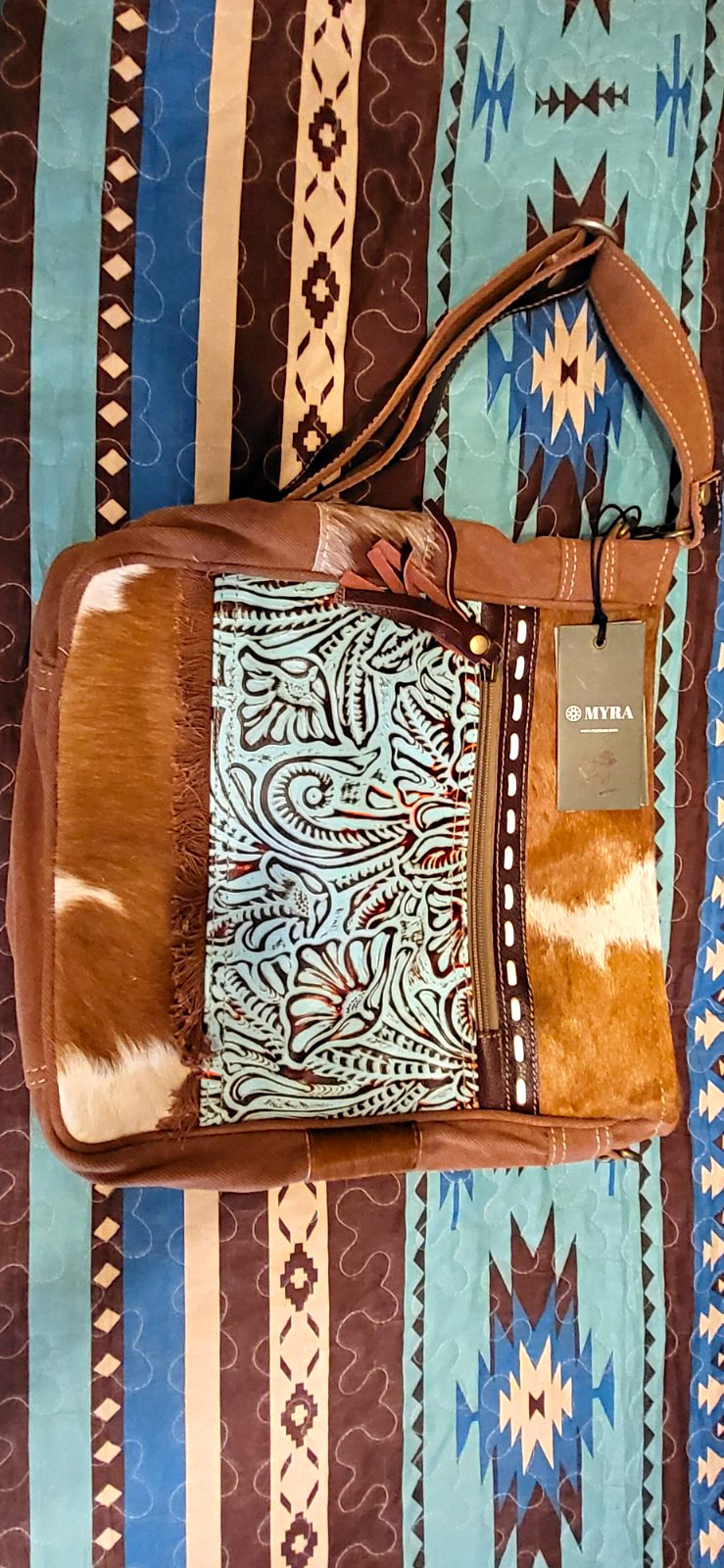 Myra Western Brown/Blue Cowhide Shoulder Bag Zip Top, Lined w/ Inner Pockets