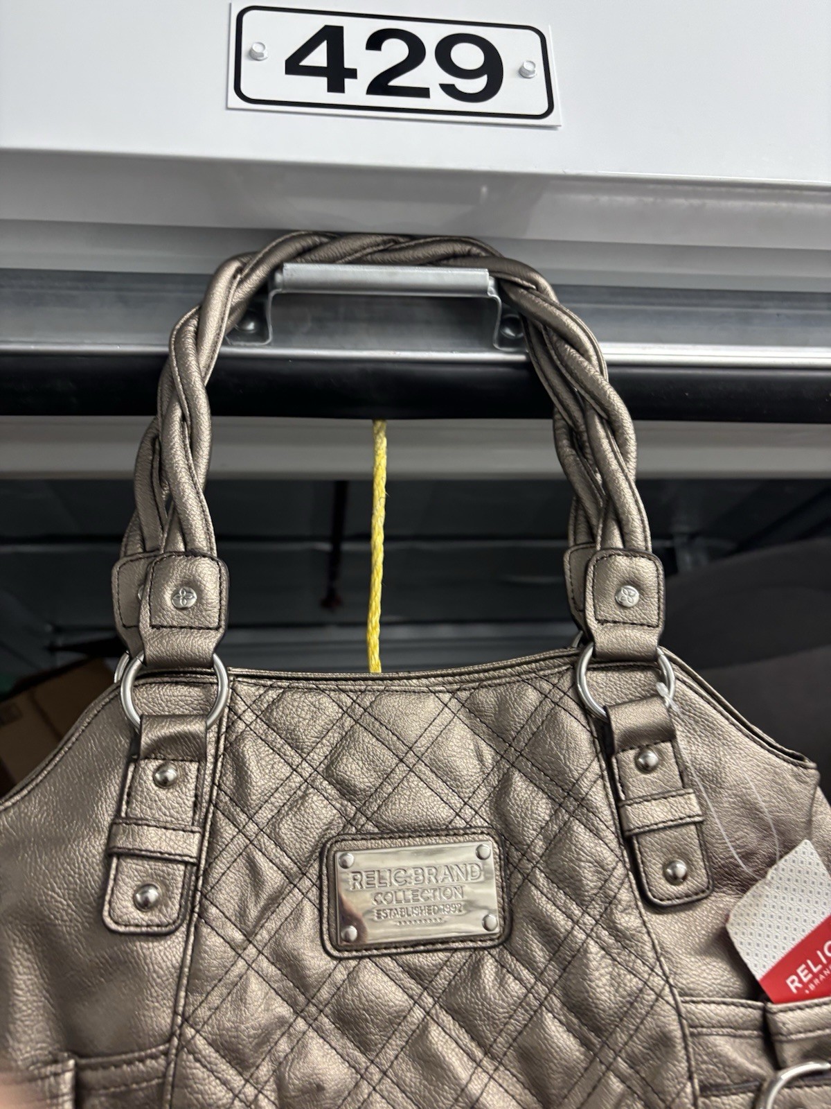 Relic Metallic Gray Quilted Satchel Top Handle Silver Hardware Zip, Magnetic