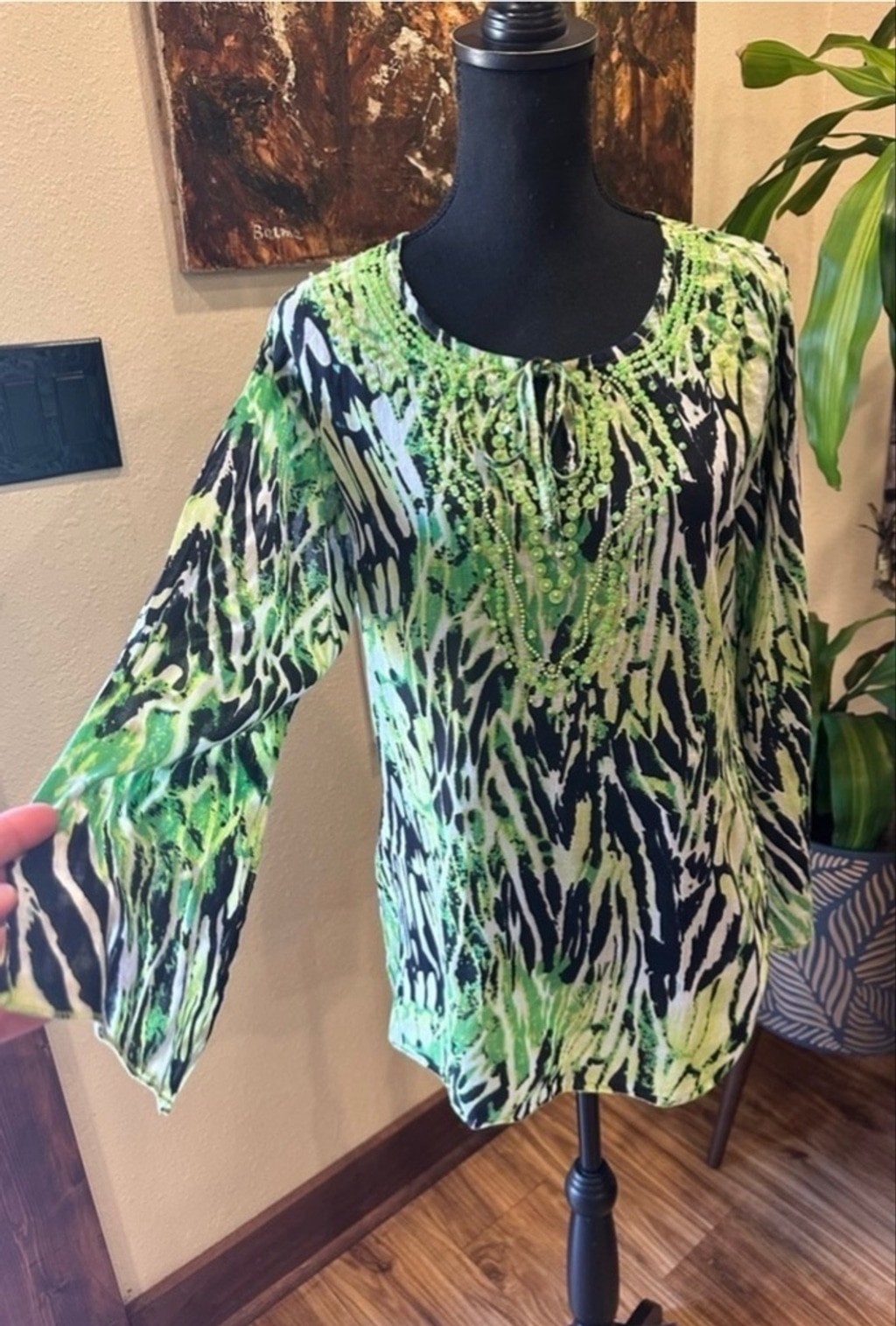 Jasmine Cotton Tunics Blouse M Green Animal Print Beaded Neckline Bell Sleeve