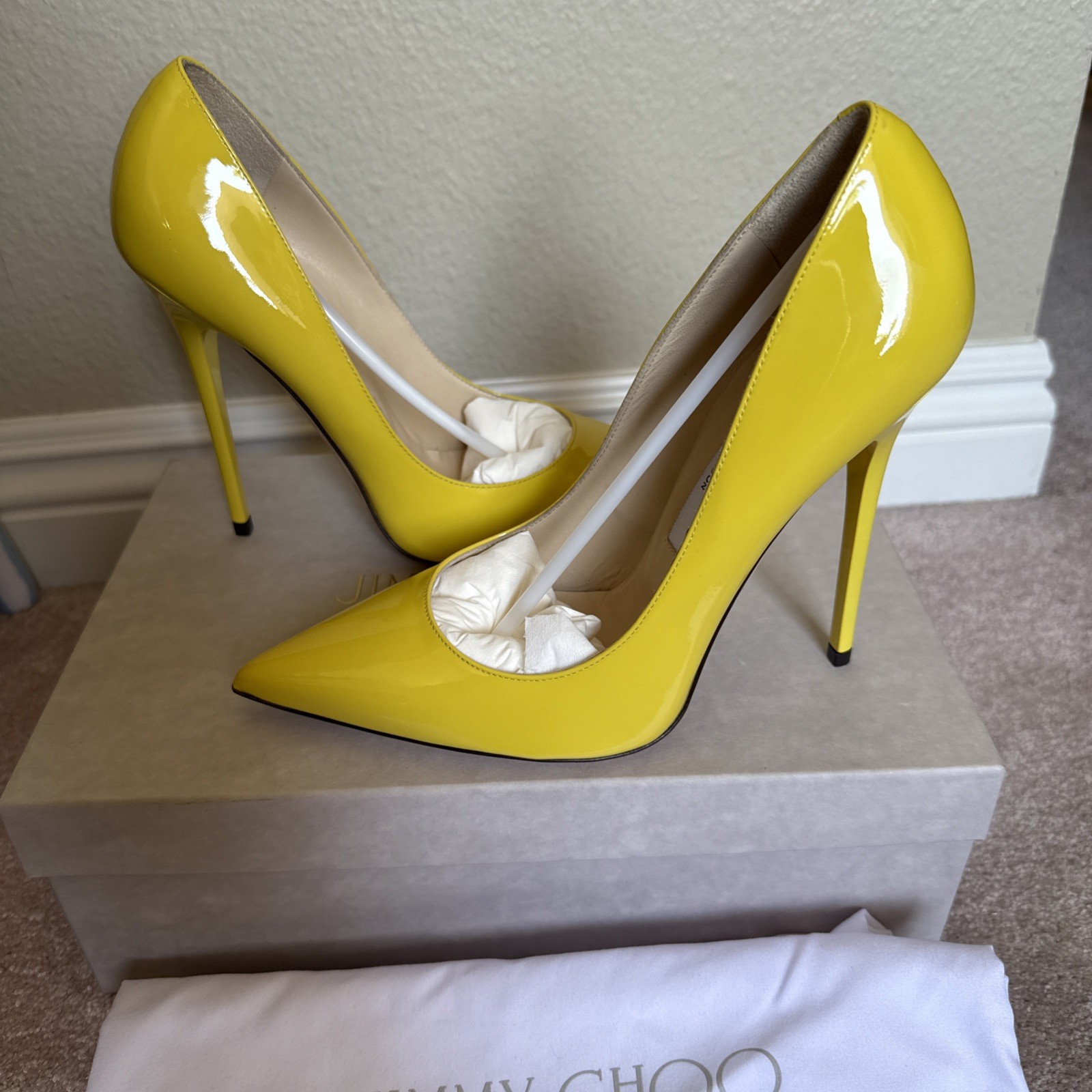 JIMMY CHOO Anouk Tacco 120 Patent Leather Point Toe Pump Yellow US 7 NIB RARE
