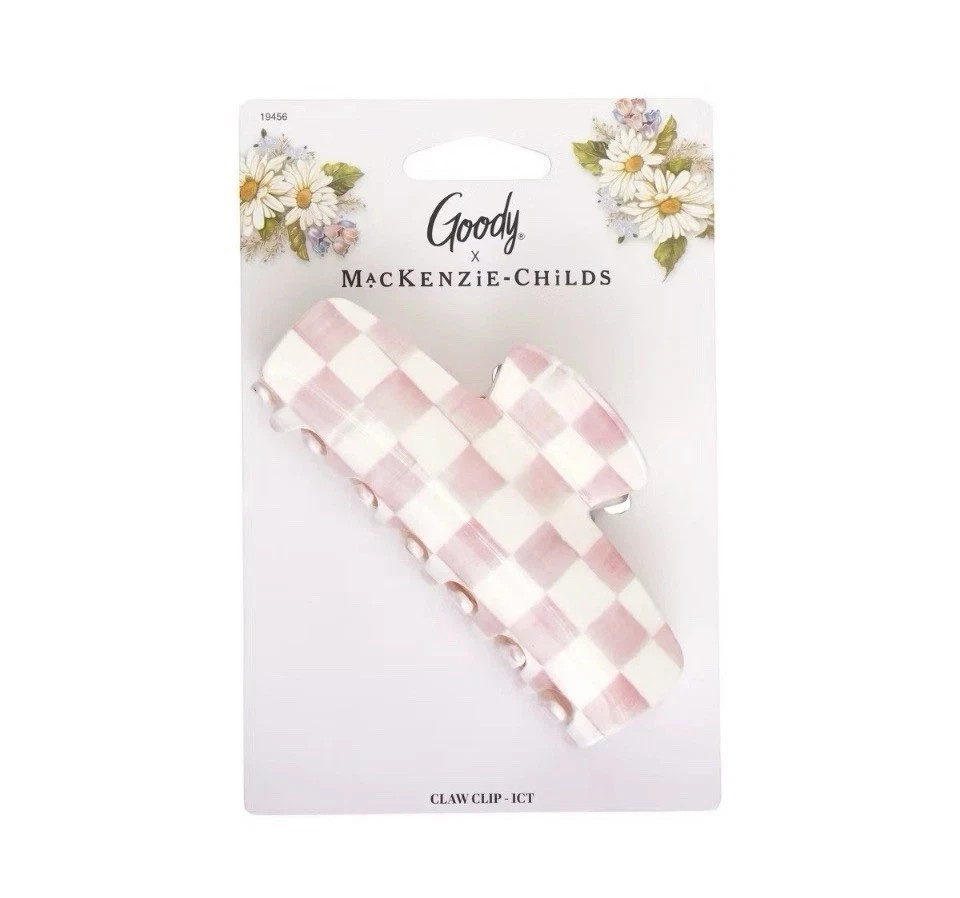 New MacKenzie Childs SET – Pink Check Claw Clip & Purse Charm Case Elastics