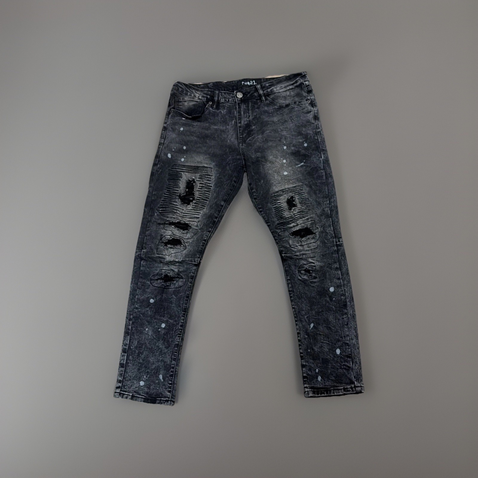 Rue21 Mens Moto Biker Pants Size 34×30 Black Acid Wash Ripped Distressed Stretch