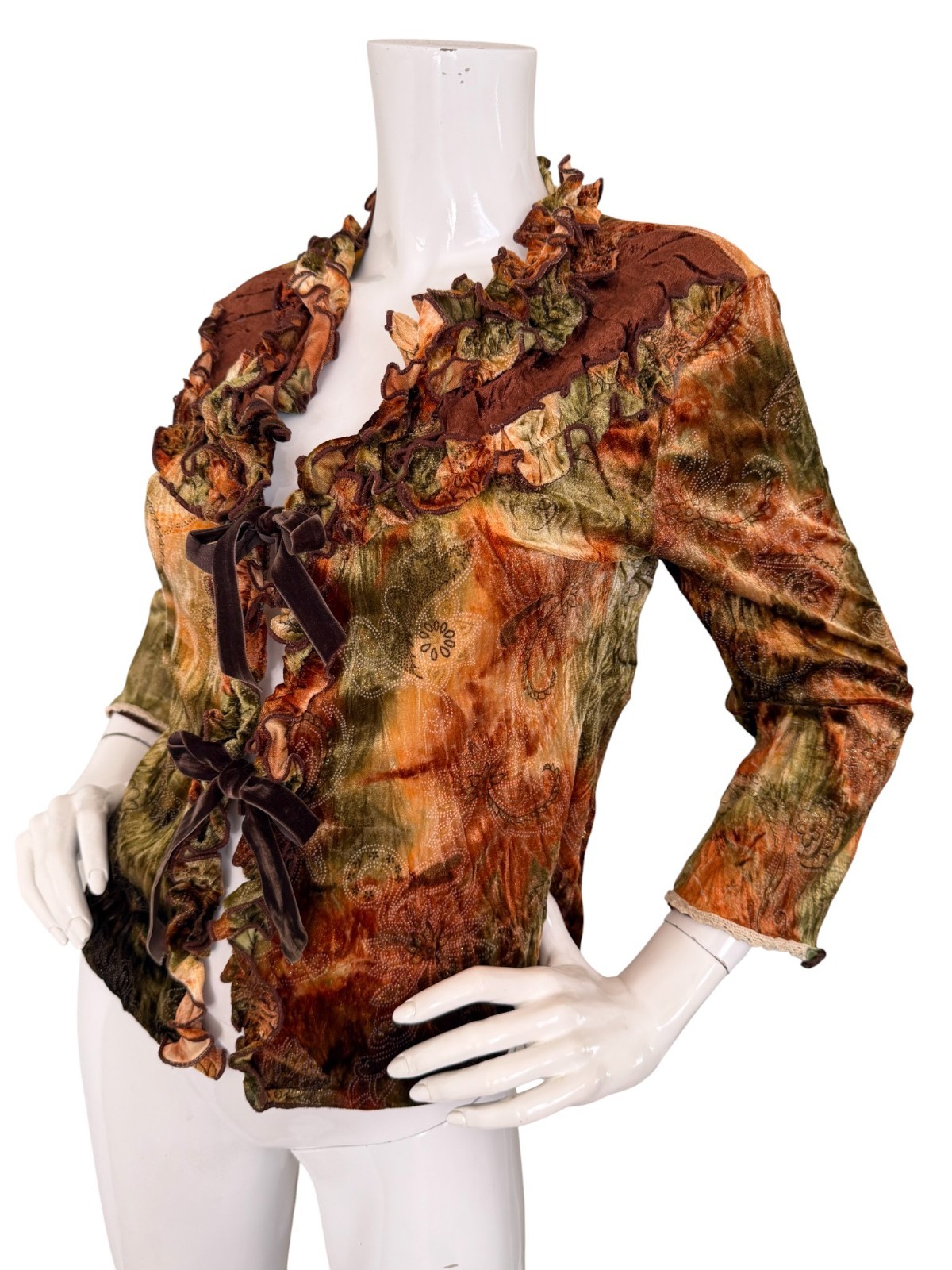 Y2K Crushed Velvet Top Jacket Small Tie Ribbon Ruffle Fairy Forest Goblin Whimsi