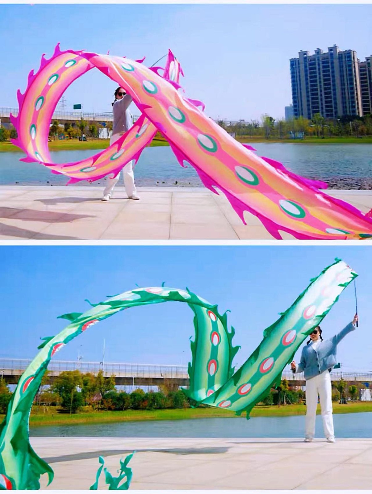 Pink Phoenix Dragon Ribbon Streamer with Adjustable Rod Fitness Poi Travel Bag