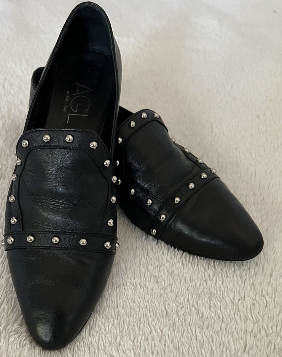 AGL Shoes Womens Black Leather Loafers Pointed Toe Slip On Casual Italy US 8