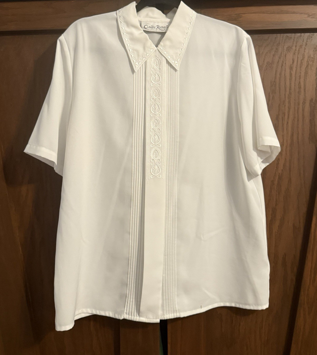 Vintage Claudia Richard White Embroidered Blouse Sz 14 Shoulder Pads 🌸 Y2K EUC
