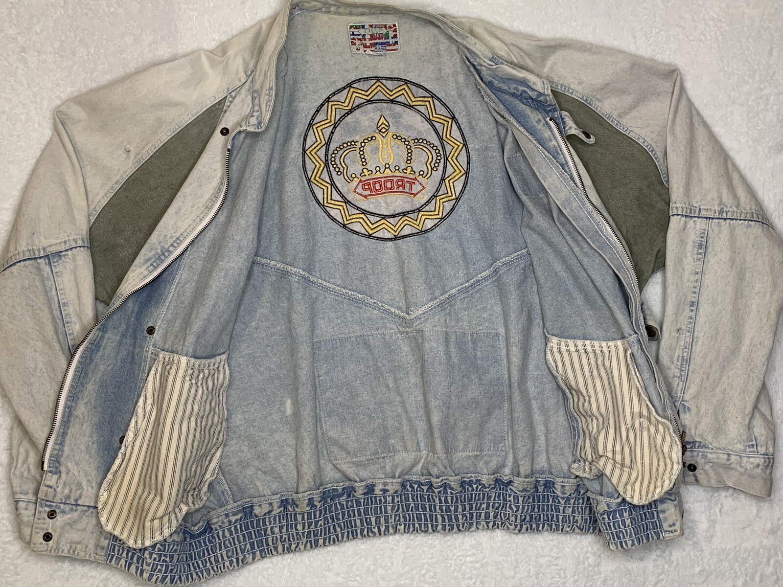VTG Troop Crown 90’s Washed Denim Jean Jacket Full Zip Embroidered Size XL