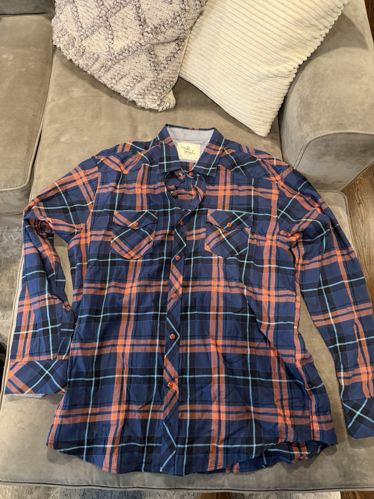 Age of Wisdom Men’s XXL Plaid Button-Up Shirt Blue Orange Long Sleeve Cotton