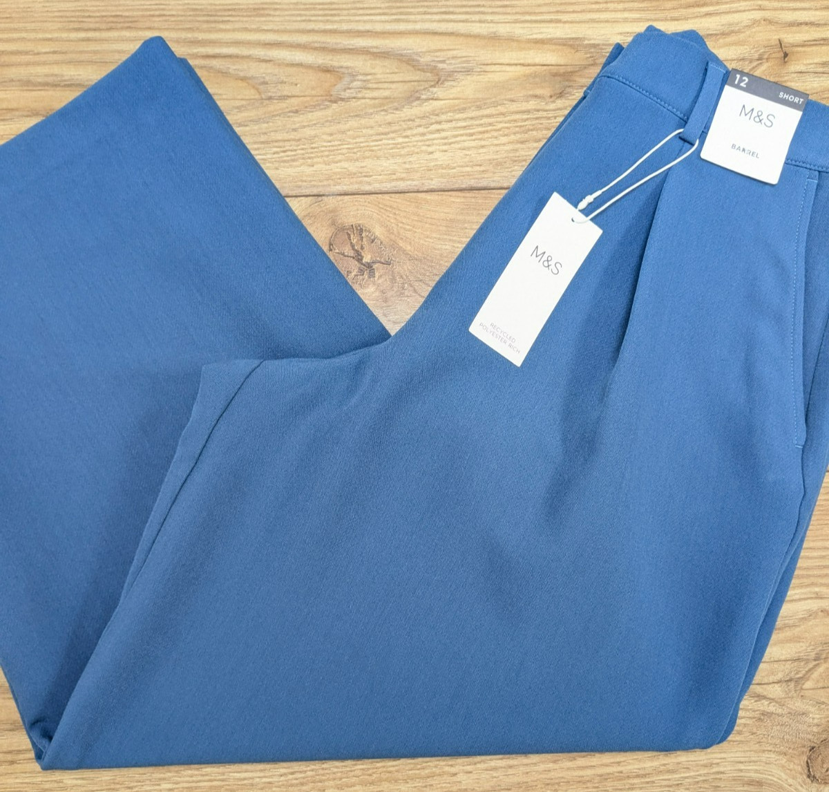 BNWT M&S BLUE Barrel Leg High Waist Pleated Smart TROUSERS UK 16 regular