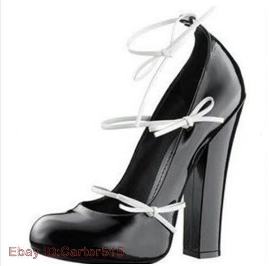 Women’s Bandage 12CM Chunky Heel Shoes Round Bowknot Toe Lace Up Splicing Chic