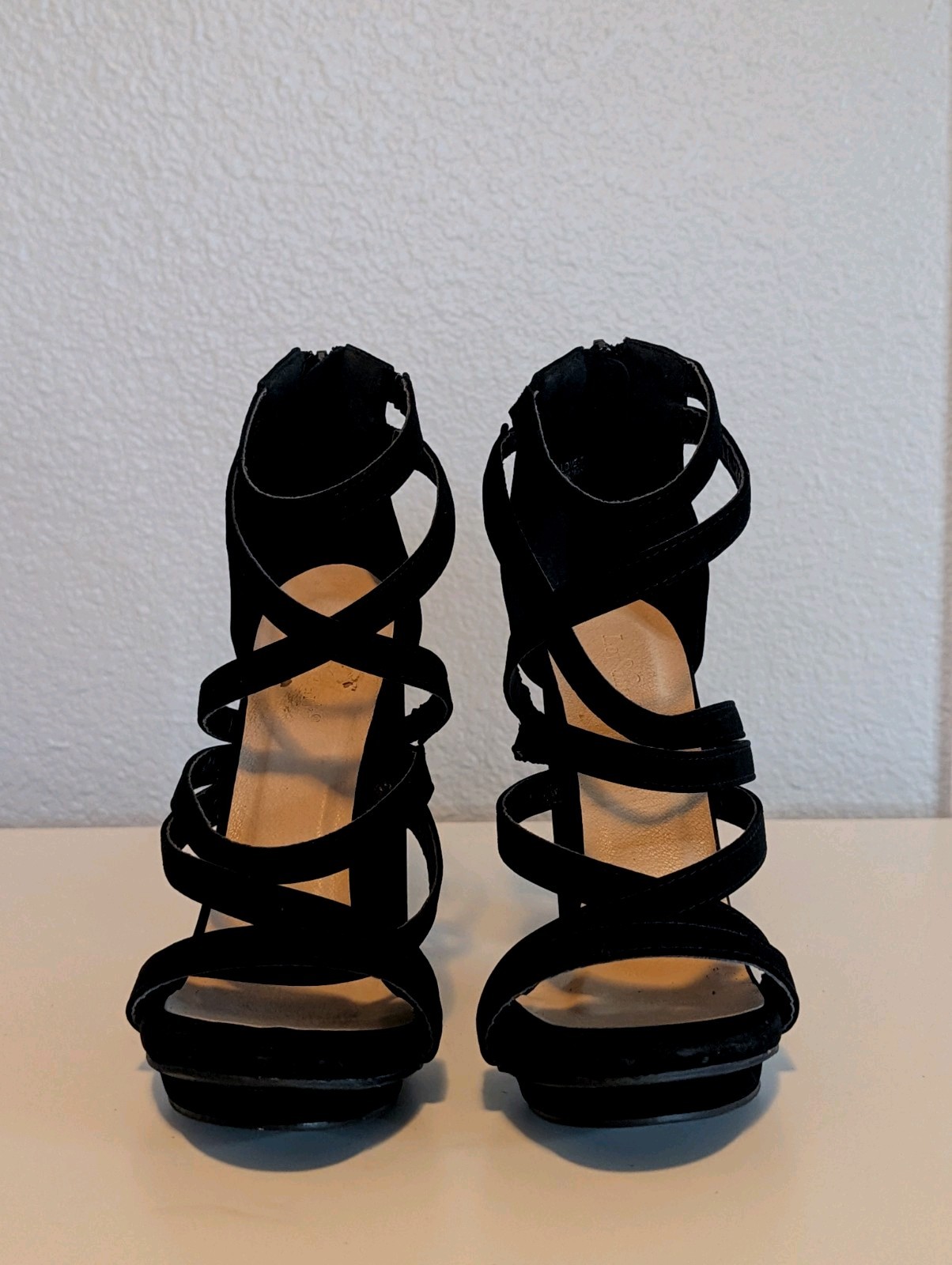 Women’s Black Strappy Open Toe Block Heel Ankle Strap Zip Faux Leather 8.5
