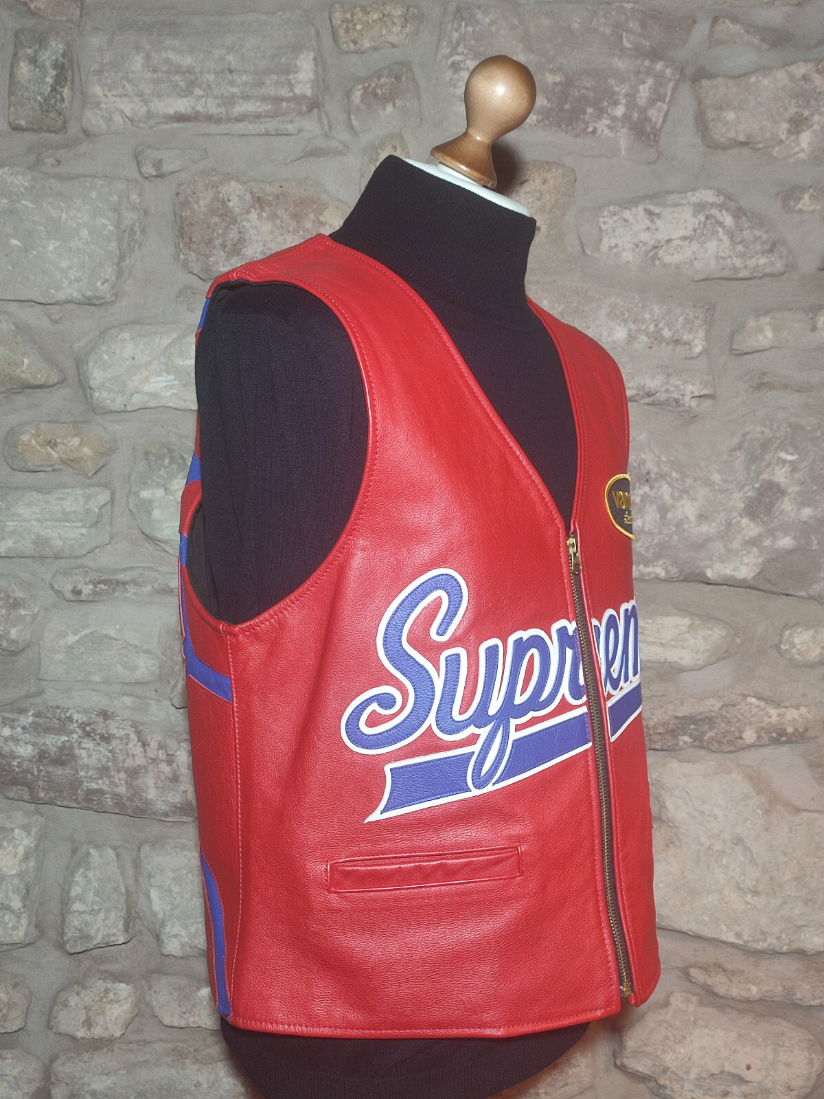 ★★ Vanson x Supreme Spider Vest – Biker Leather Vest Vest – Red Blue – Large ★★