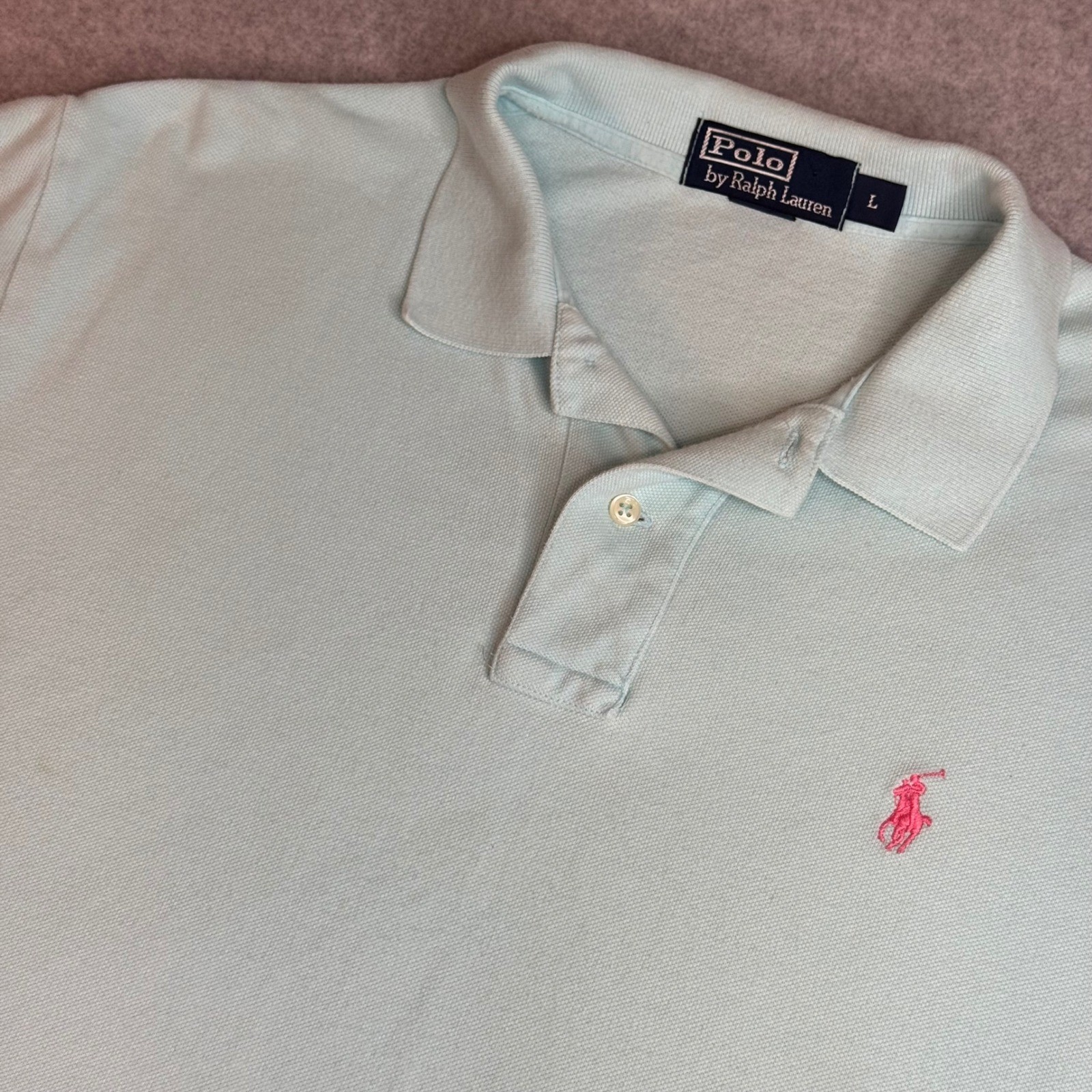 Polo Ralph Lauren Mens Large Mint Green Pink Pony Pique Short Sleeve Polo Shirt