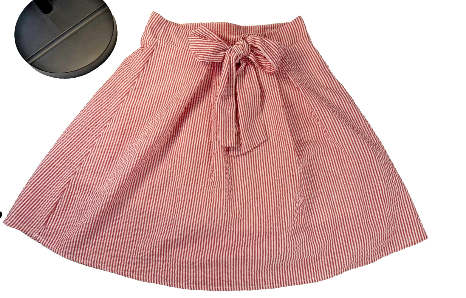 Ty Alexander’s Red White Seersucker Pinstripe Bow Mini Skirt Women’s Made In USA