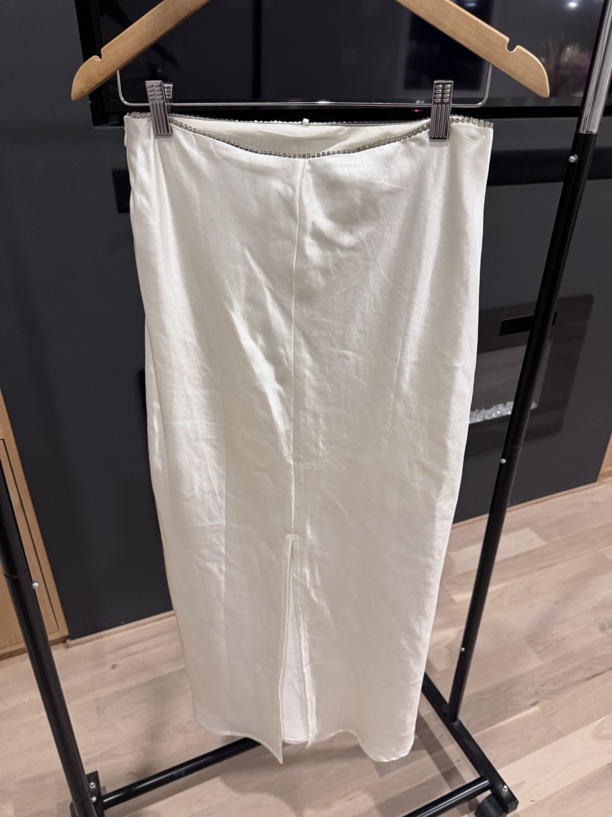 Saints & Secrets Oyster Satin Midi Skirt Rhinestone Trim & Waist Chain