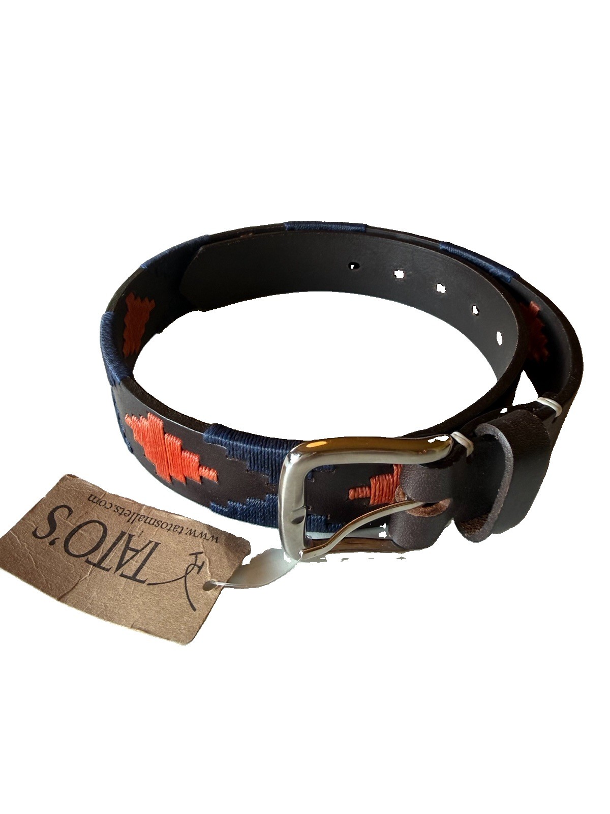 Tato’s Polo Belt Navy & Orange Hand-Embroidered Argentine Leather Size 28 NWT
