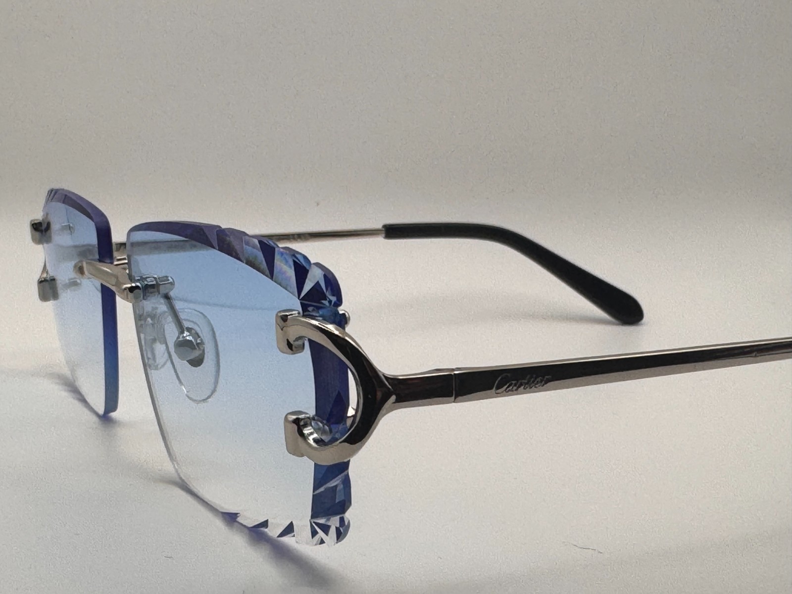 Cartier Big C Decor Frameless Diamond Cut Blue Lens/Silver Frame