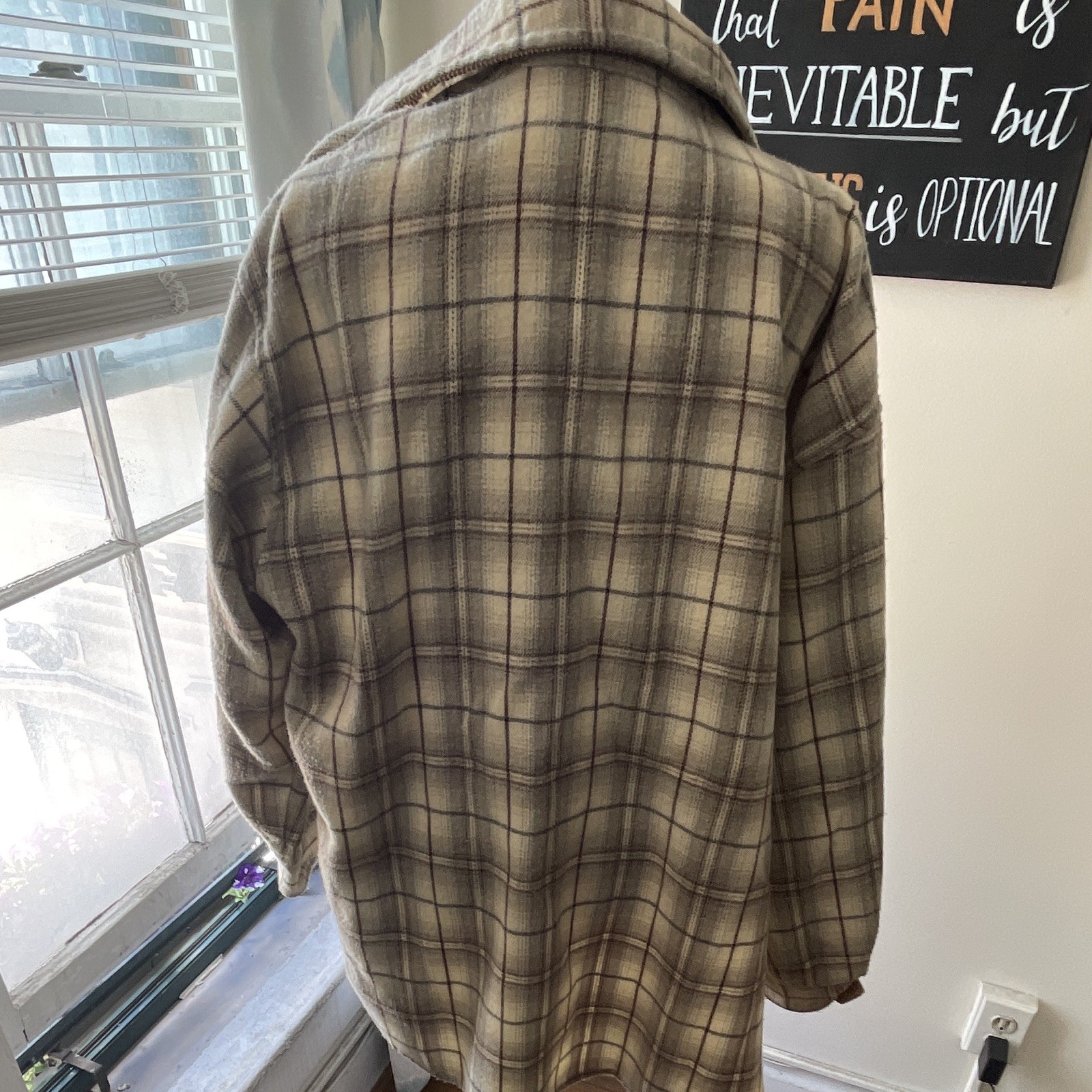 Van Heusen For Her Plaid Button-Front Shacket Jacket w/ Pockets M Beige Brown