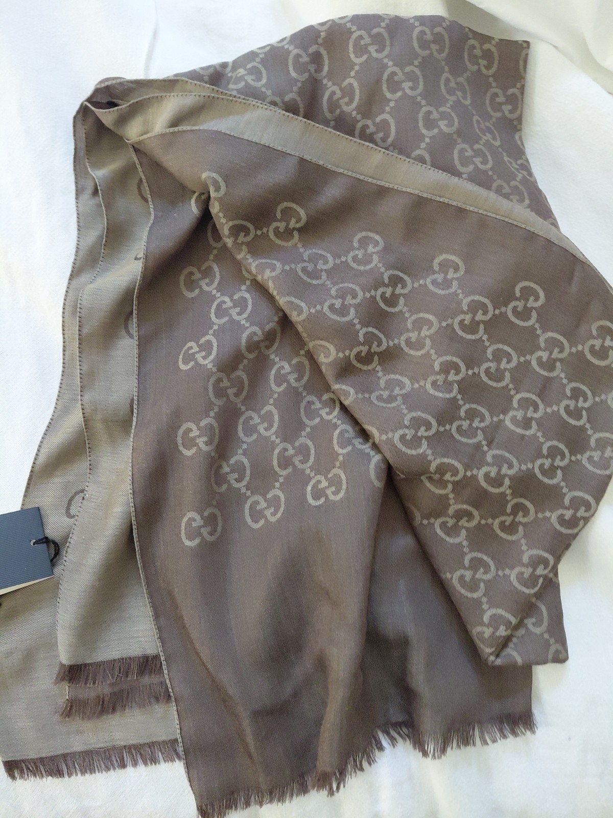 NWT Gucci GG Large Double Jacquard Wool-Silk Blend Brown Scarf Shawl ITALY 200cm
