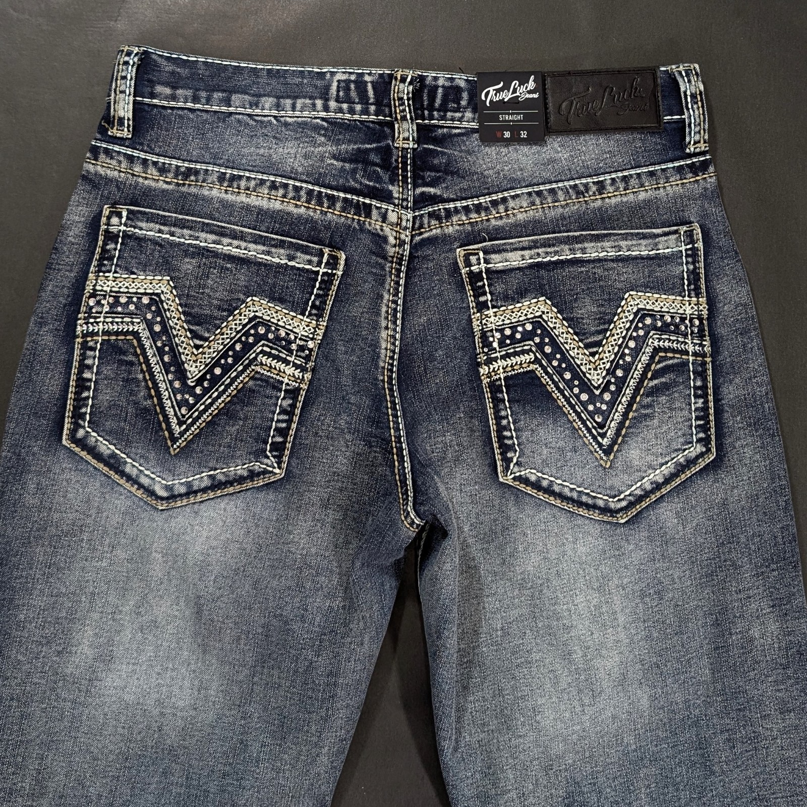 True Luck Mens Straight Leg Jeans Medium Stretch Denim Size 30×32 Embroidered