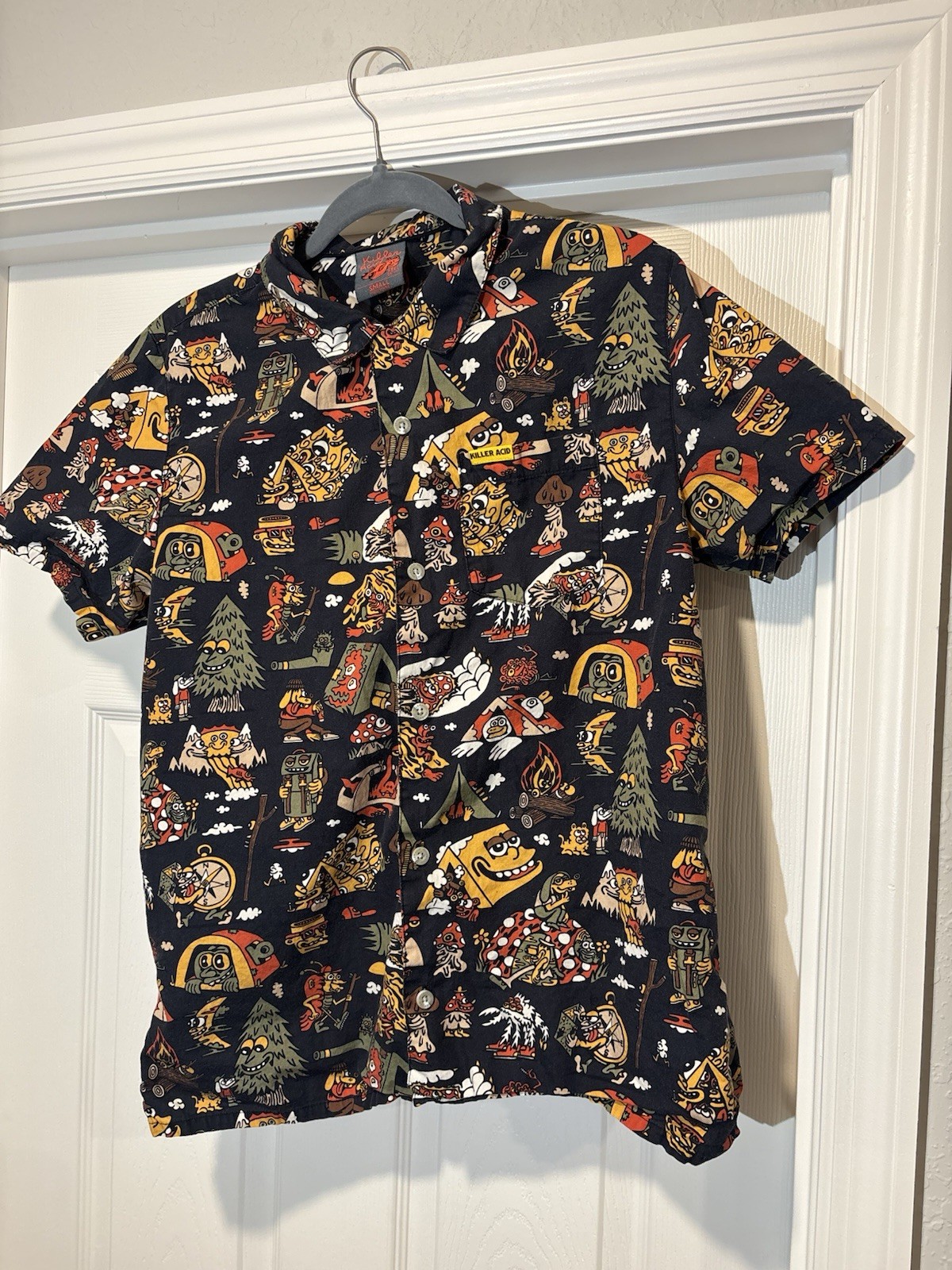 Killer Acid No Bad Trips Print Camp Shirt Button Up Mens Sz Small Mushrooms