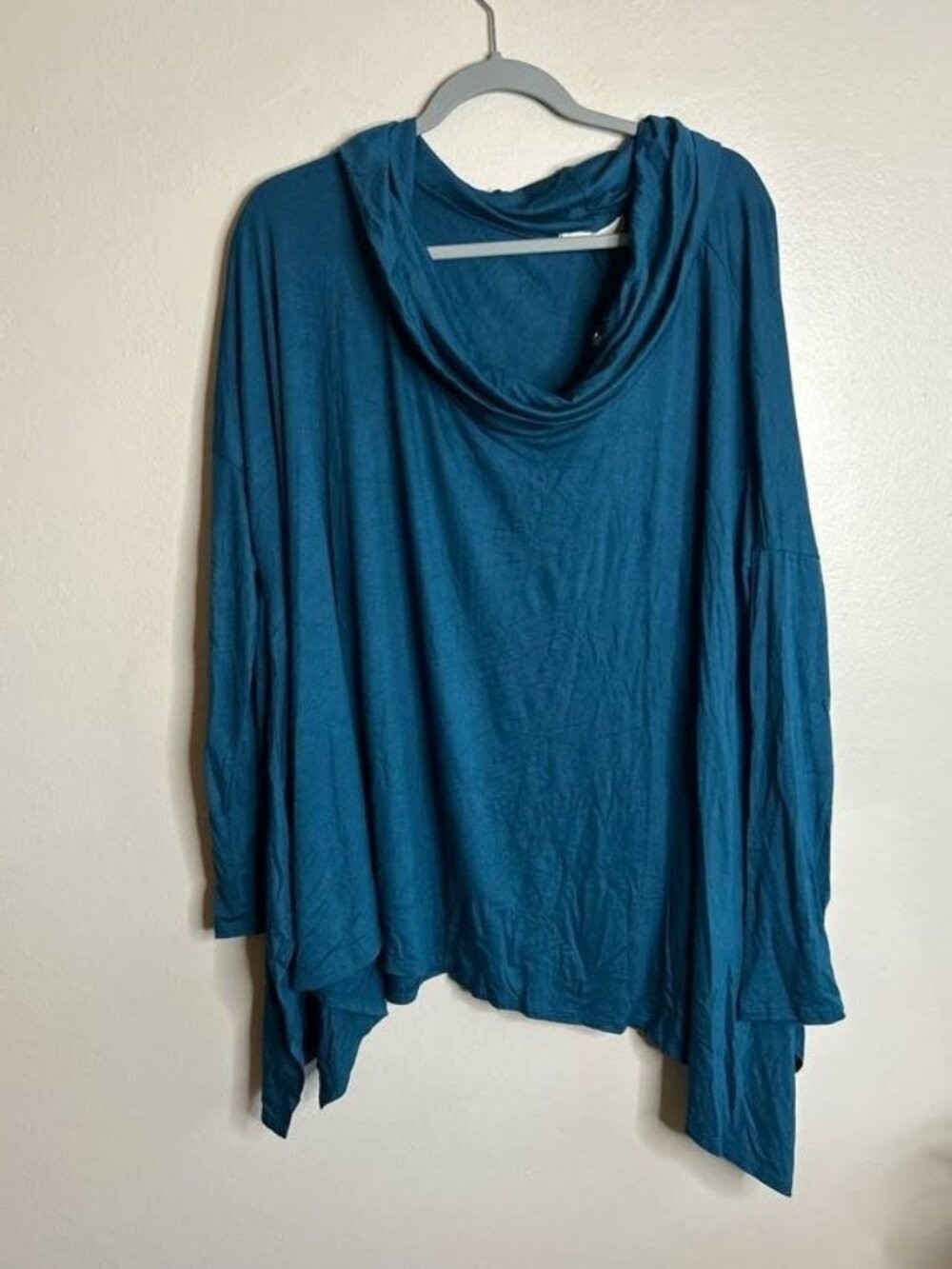 Jade By Jane Top Womens Large Cowl Neck Sharkbite Hem DArk Teal Long Sleeve