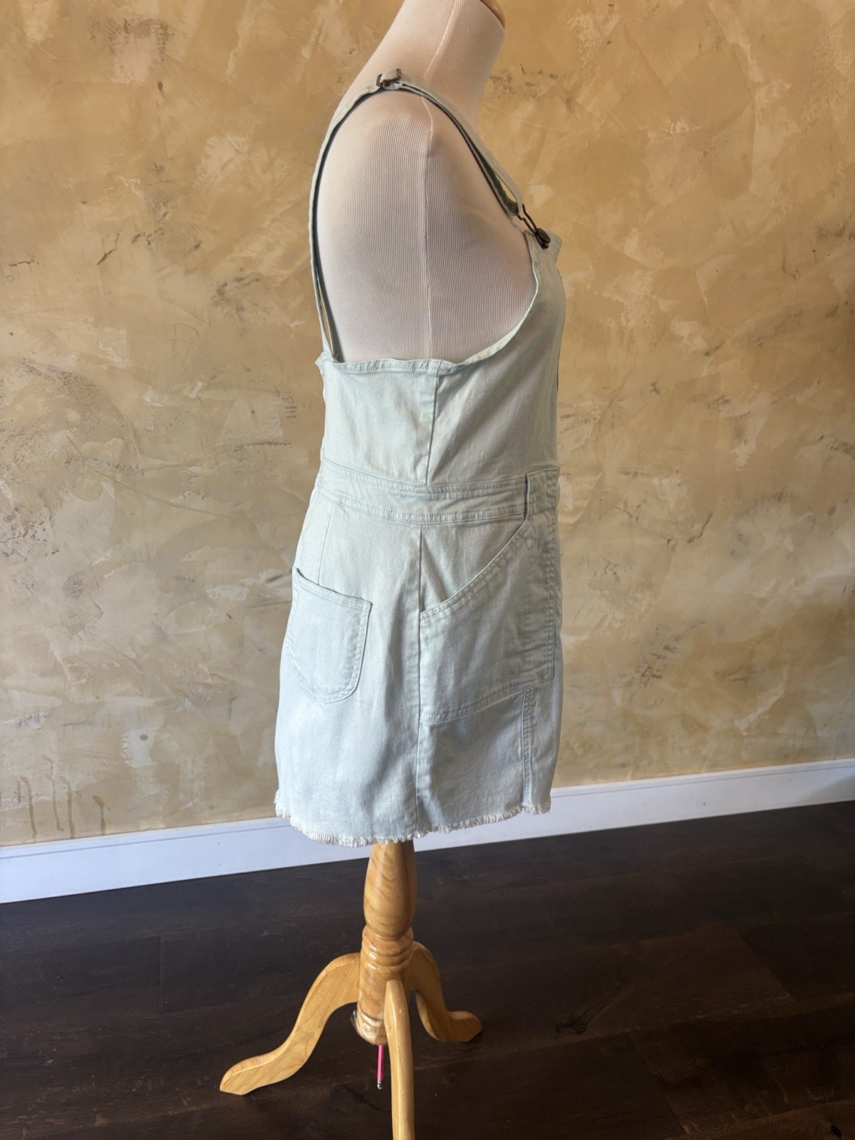 Dickies Light Blue Denim Overall Mini Dress Square Neck Zip Pockets Logo L