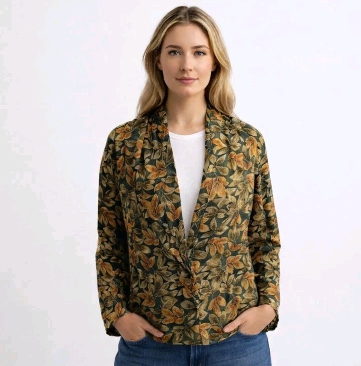 Quo 100% Silk Blazer Jacket Womens Large Boho Floral Leaf Print Lightweight