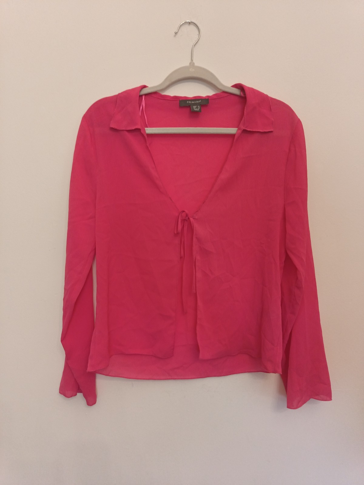 BNWOT Hot Pink Chiffon Blouse Long Sleeve Size 10 Tie Front Lightweight Holiday