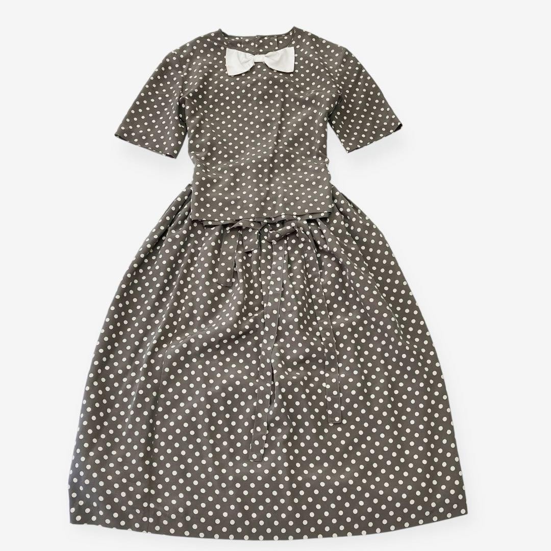 Pink House Vintage Dress Set Up Dot Ribbon Brown Cupra Women Size L Japan 2pcs