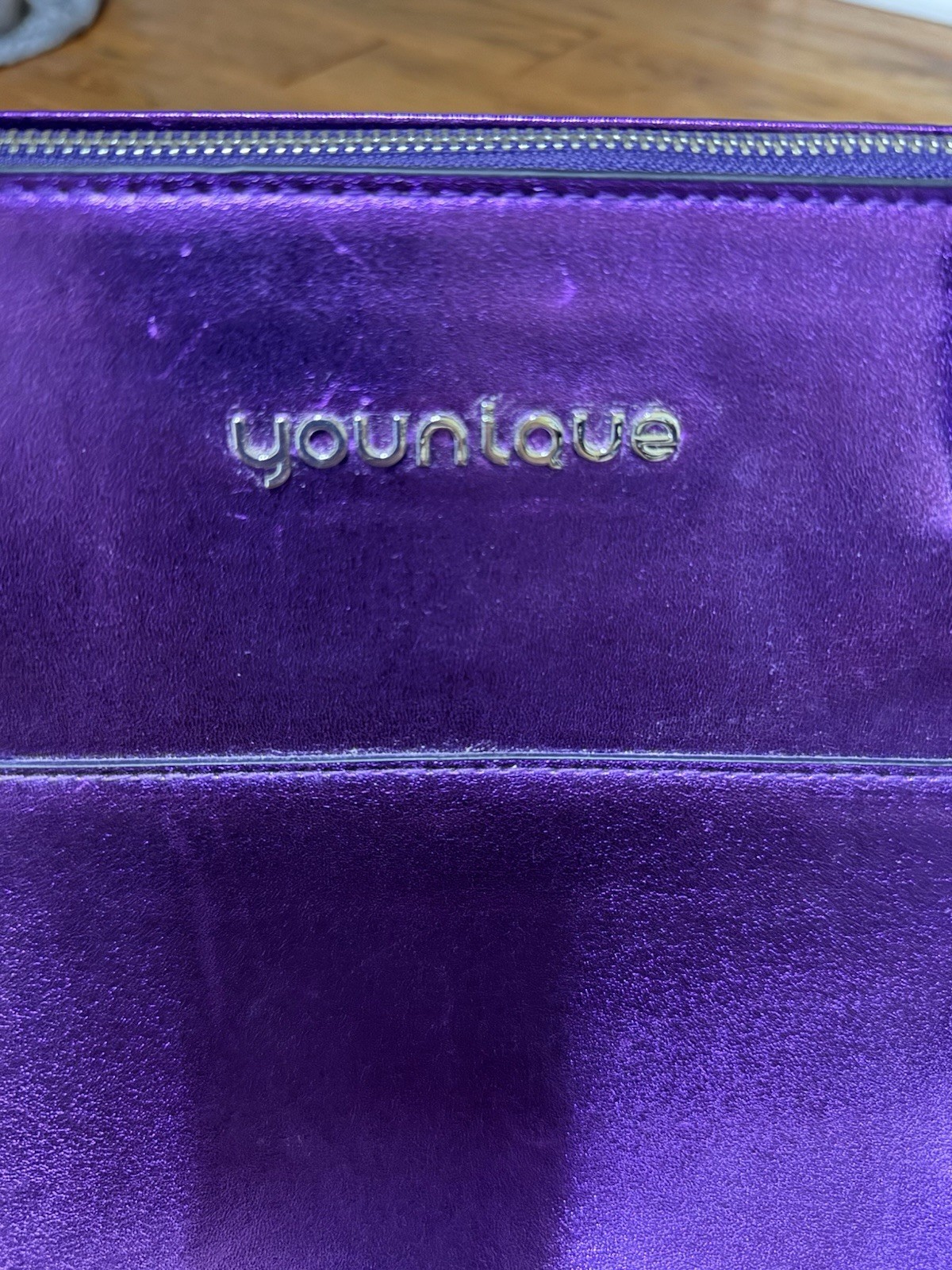 Younique Purple Metallic Satchel Top Handle Zip Bag w/ Detachable Strap Charm