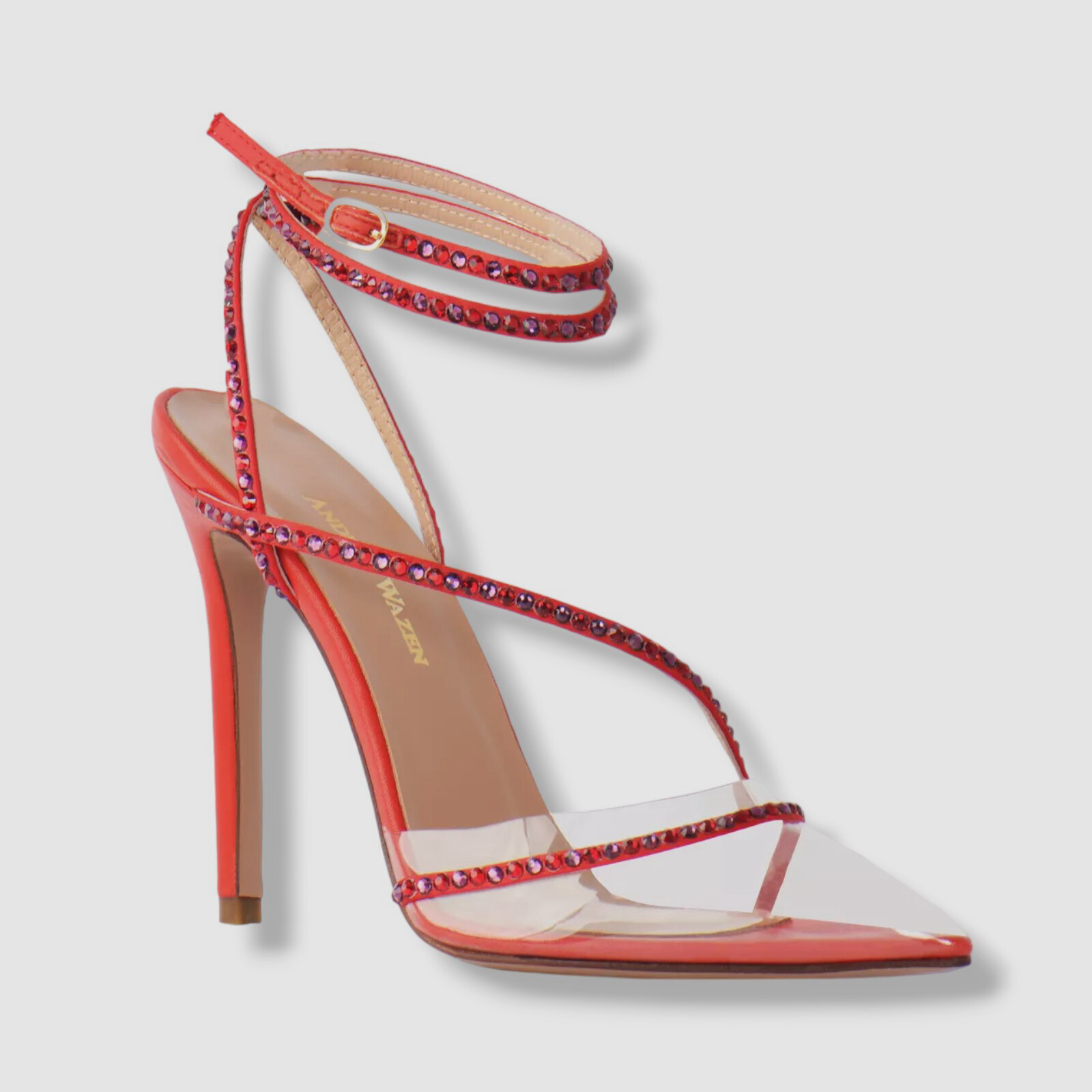 $695 Andrea Wazen Women’s Red Dassy Sunset Clear PVC Ankle Wrap Pumps Size 37