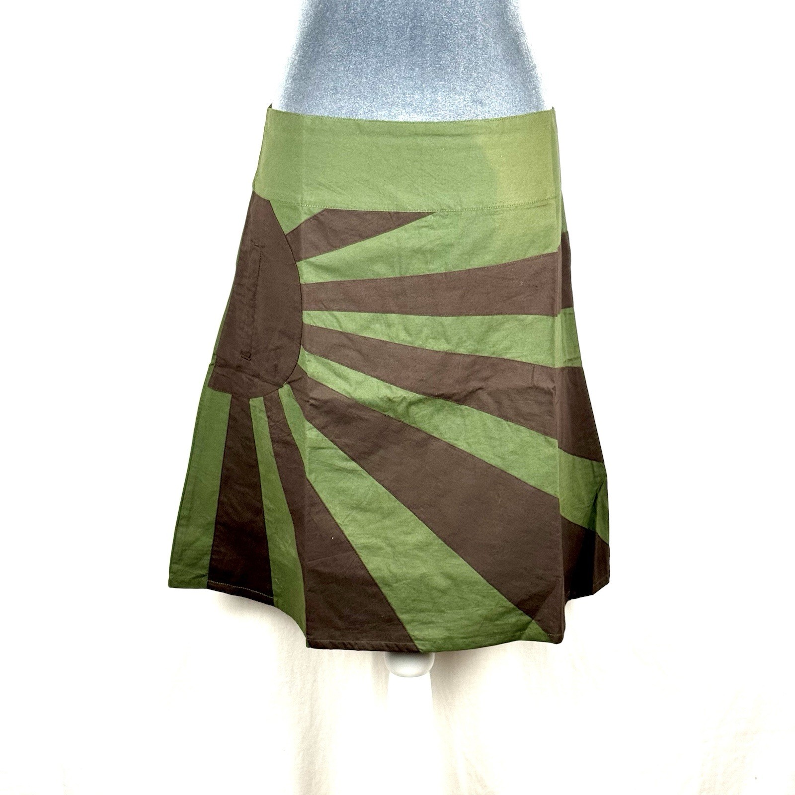 M&L Midi Skirt Medium Green With Brown Sunburst Pocket Zipper Hip 100% Cotton