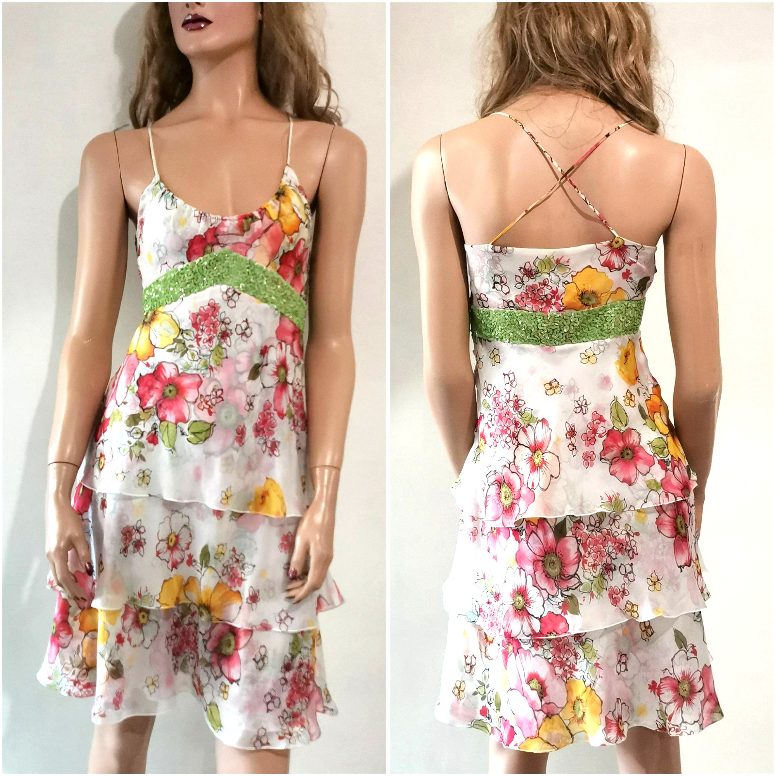 Valentino Dress Vintage Layered Sequins Embroidered Silk Chiffon Floral IT42