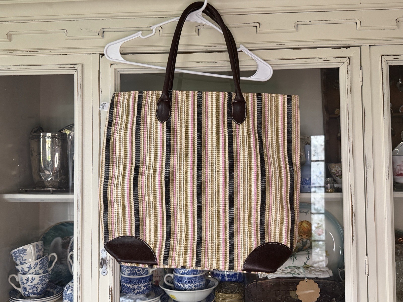 Engage Green Striped Large Tote Bag Leather Trim Brown Double Handles w/ Pouch