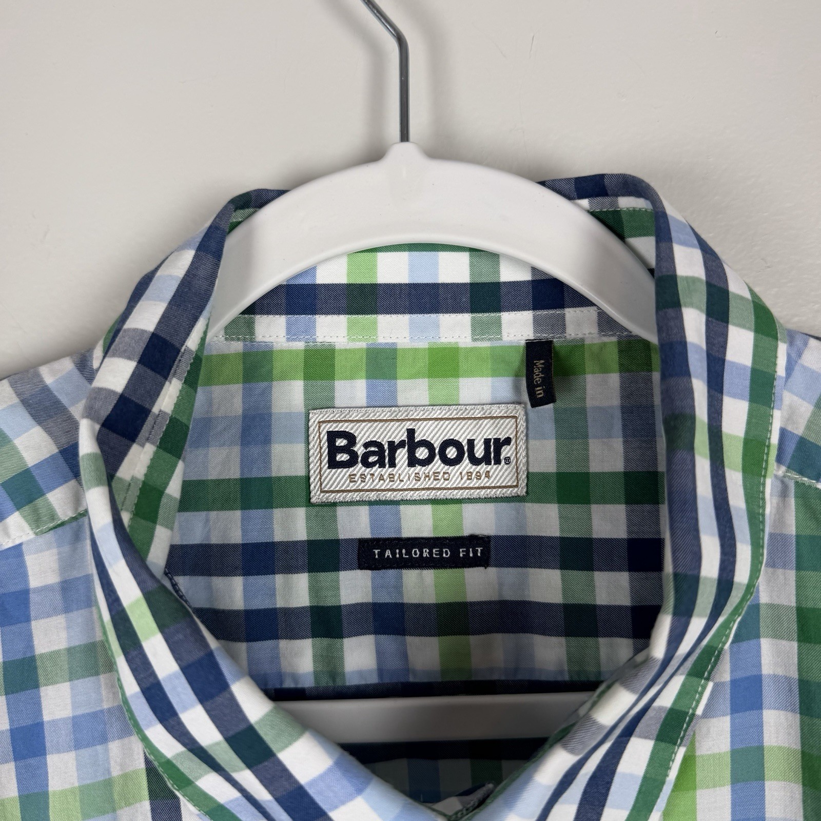 Barbour Russell SS Gingham Check Green Blue Button Down Shirt Mens XL Preppy