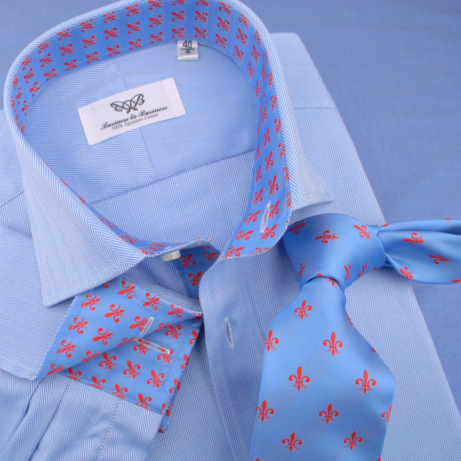 Blue Dress Shirt Herringbone Egyptian Cotton Twill Luxury Fashion Formal Fashion