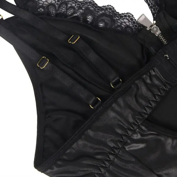 Wet Look Lace Double Strap Zipper Suspender Basque