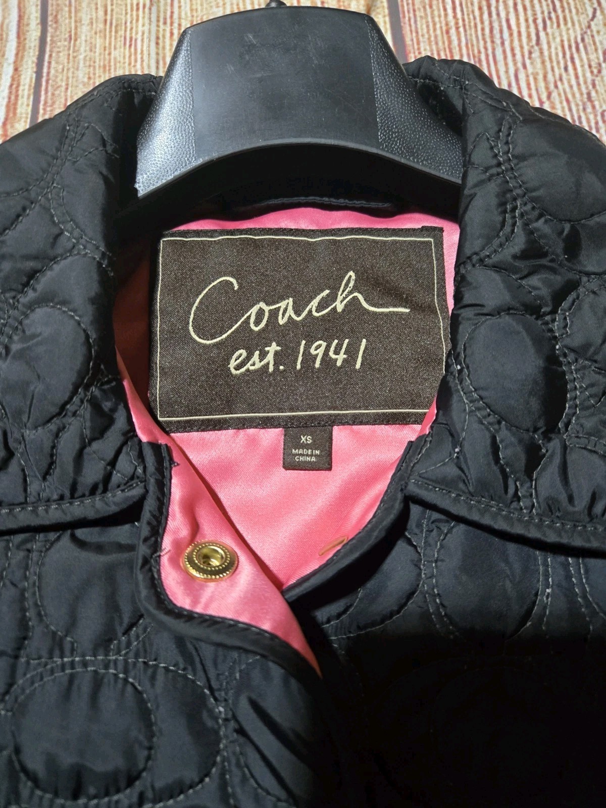 Coach Black & Pink Monogram C Logo Quilted Jacket Size XS Satin Pink Lining