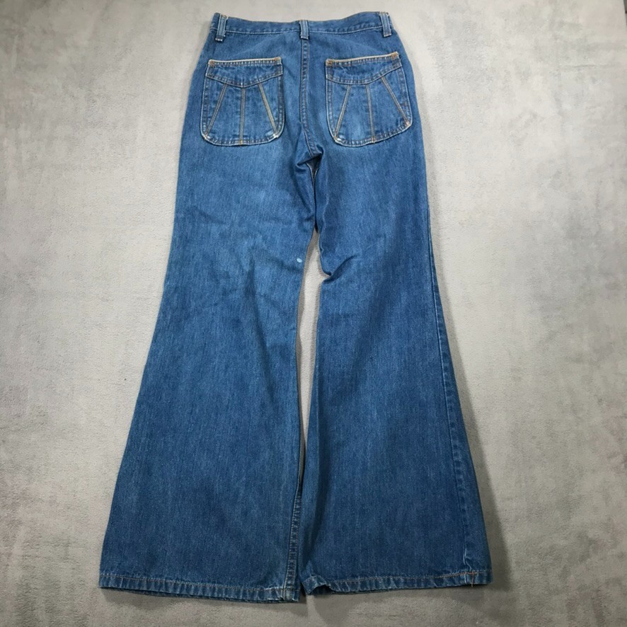 True Vintage 70s JC Penney Bell Bottoms Jeans Men’ 27×30 Blue Denim Leather Trim